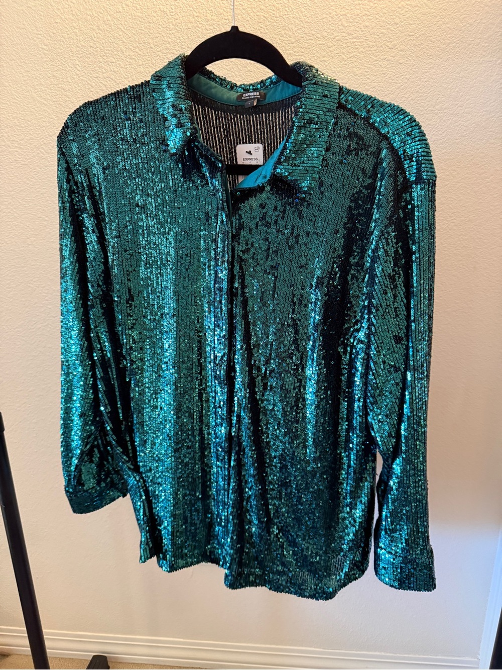 Express Emerald Green Sequin Button-Up Top